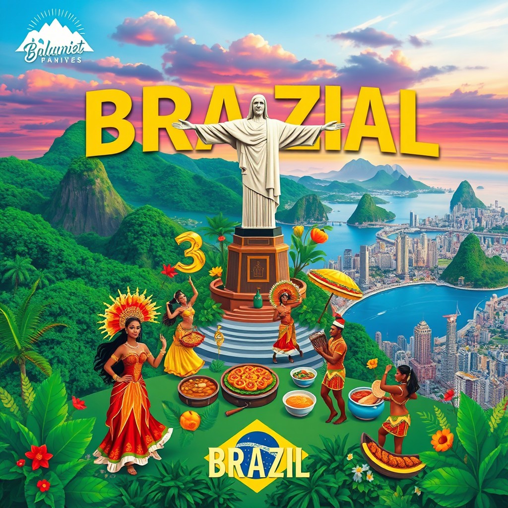 A vibrant and colorful artistic representation of Brazilian culture, featuring the iconic scenery of Brazil, such as lush rainforests, stunning beaches, and lively cityscapes