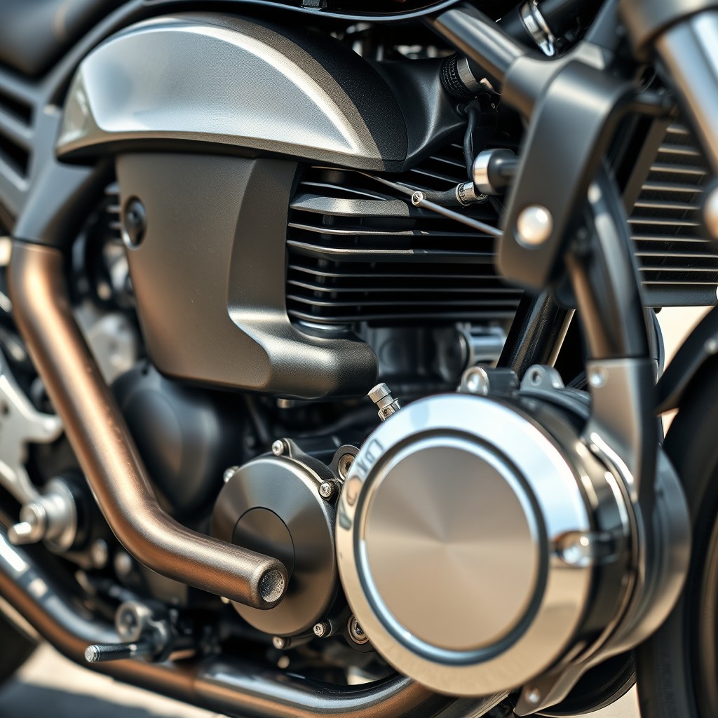 A close-up view of a high-performance motorcycle engine, showcasing exquisite details like the metallic surface, intricate piping, and glimmering chrome components