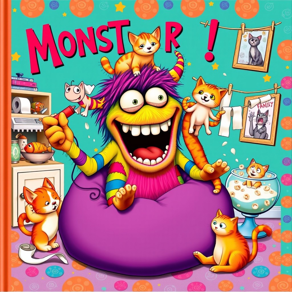 A vibrant and playful cover featuring a large, goofy monster with four eyes, rainbow-striped fur, and floppy antennae, sitting on a purple bean bag