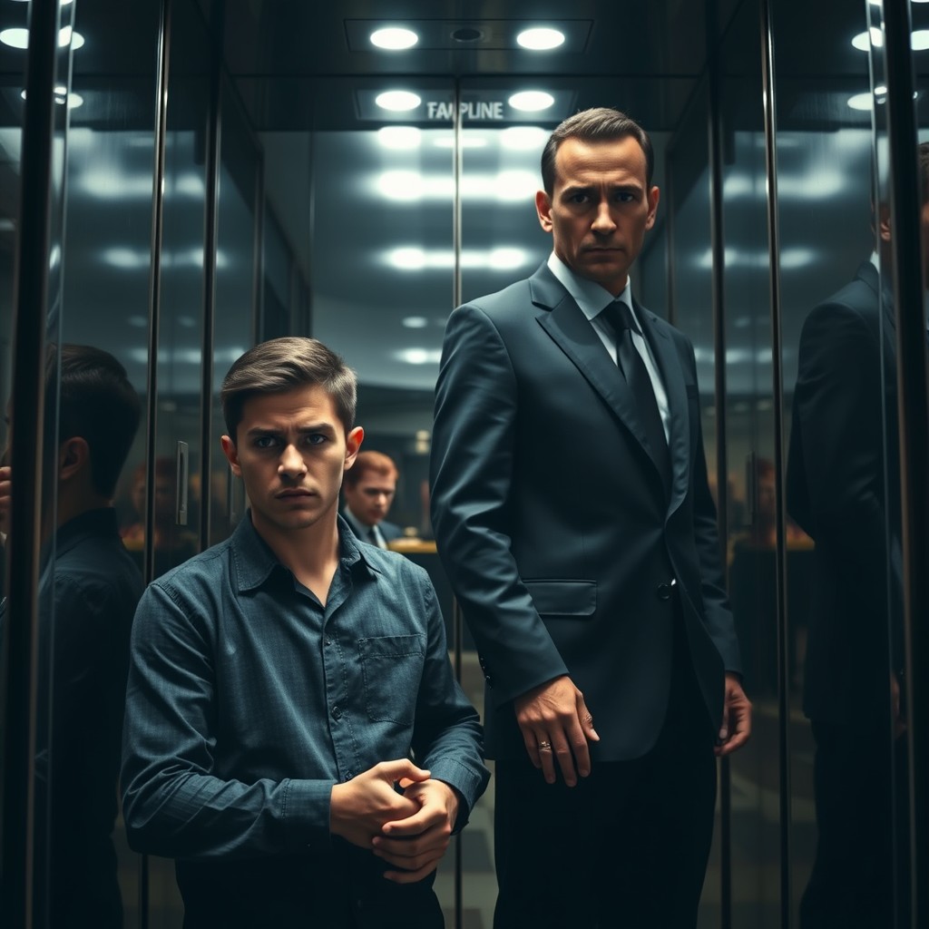 A tense young man in his early 20s stands inside a sleek, mirrored elevator beside a tall, intimidating man in a sharp black suit