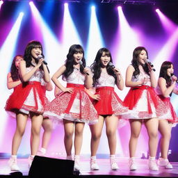 Members of JKT48, an Indonesian idol group, performing on a brightly lit stage. Include details such as their distinctive costumes, excitement on their faces, and waving glow sticks in the hands of cheering fans.