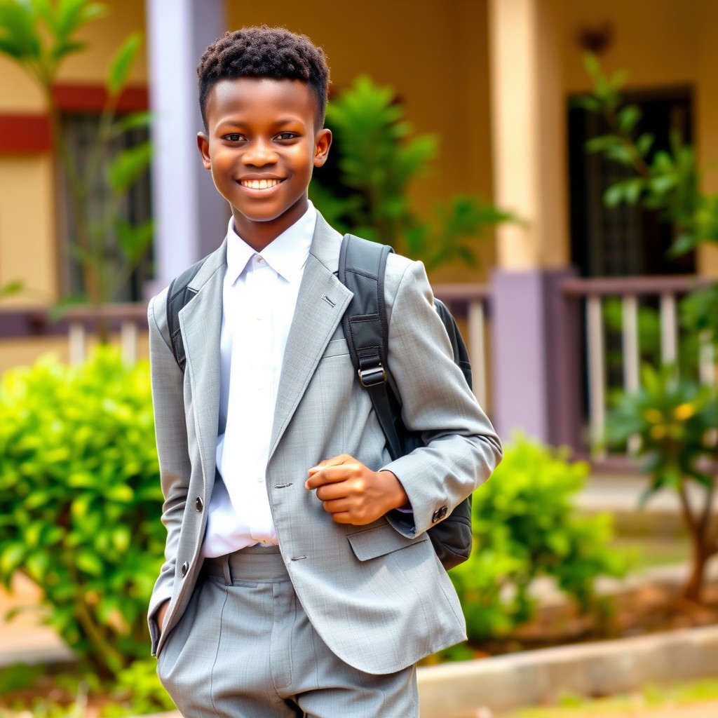 A young African student wearing a traditional high school uniform, consisting of a neatly pressed white shirt and a grey blazer, with tailored grey trousers