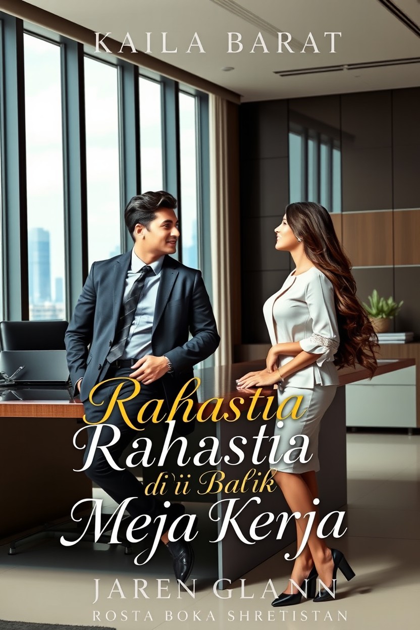 A romantic book cover titled 'Rahasia di balik Meja Kerja', featuring a sophisticated CEO and his charming secretary in a sleek office setting