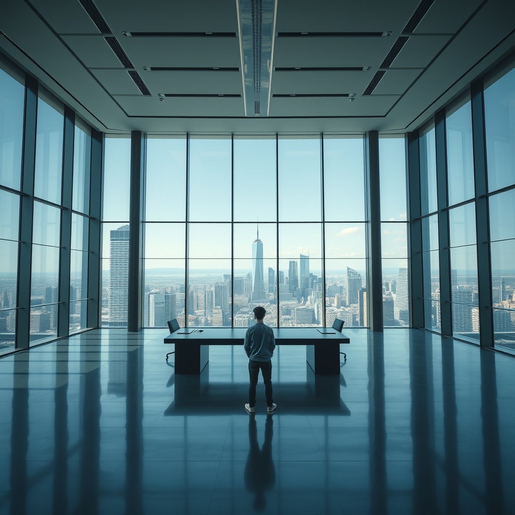 The interior of a spacious, modern executive office features floor-to-ceiling windows showcasing a stunning city skyline