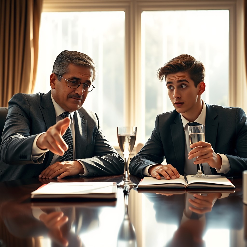 A powerful CEO, calm and confident, leans forward slightly with a subtle smirk, extending a hand as if making a deal