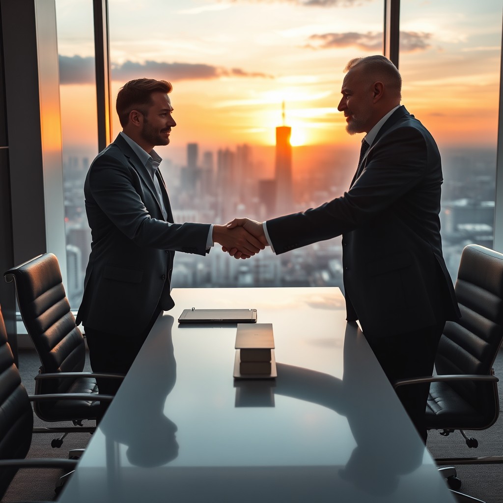 In a modern executive office, two men shake hands across a sleek, stylish desk