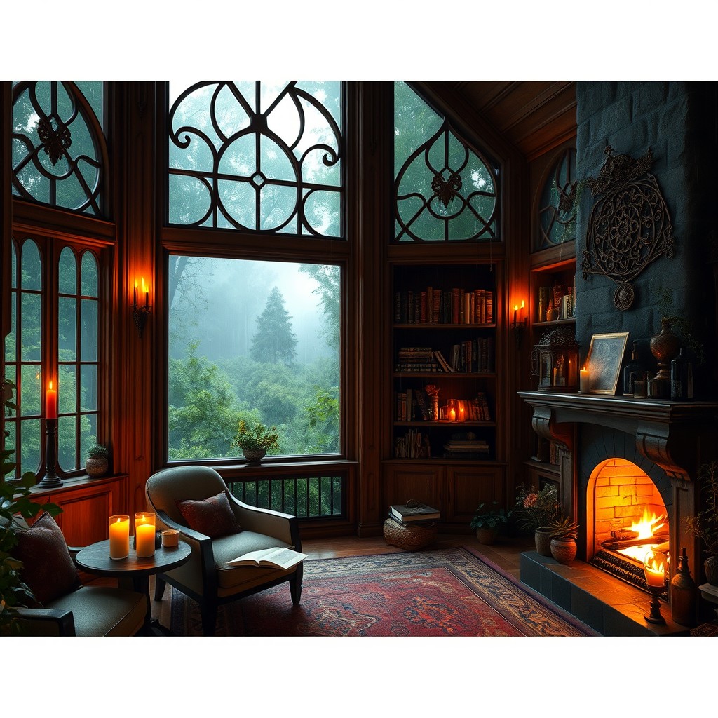 A mystic, elegant witchy living room featuring a cozy writing nook with a fireplace