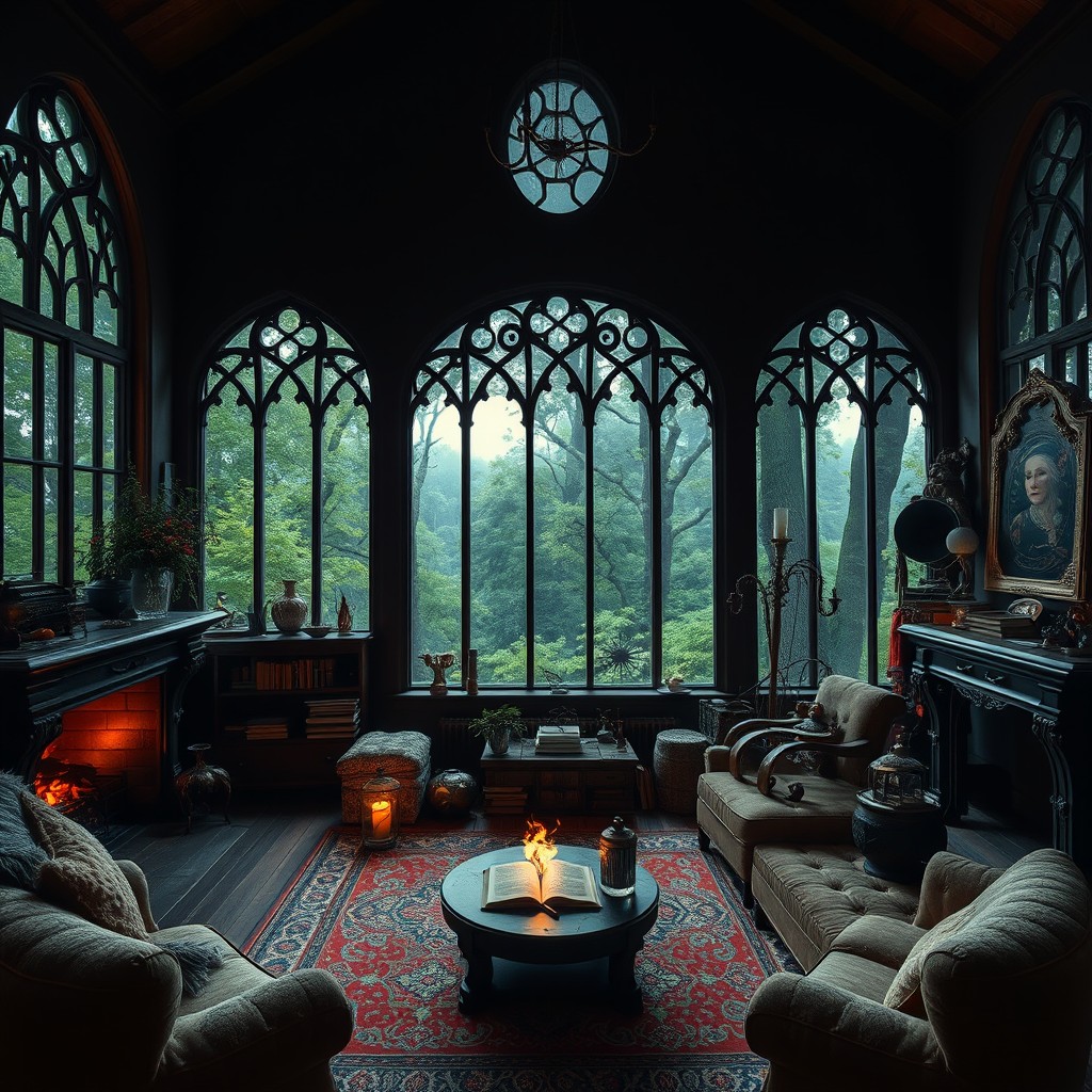 An elegant, mystic witchy living room and writing place featuring a cozy fireplace