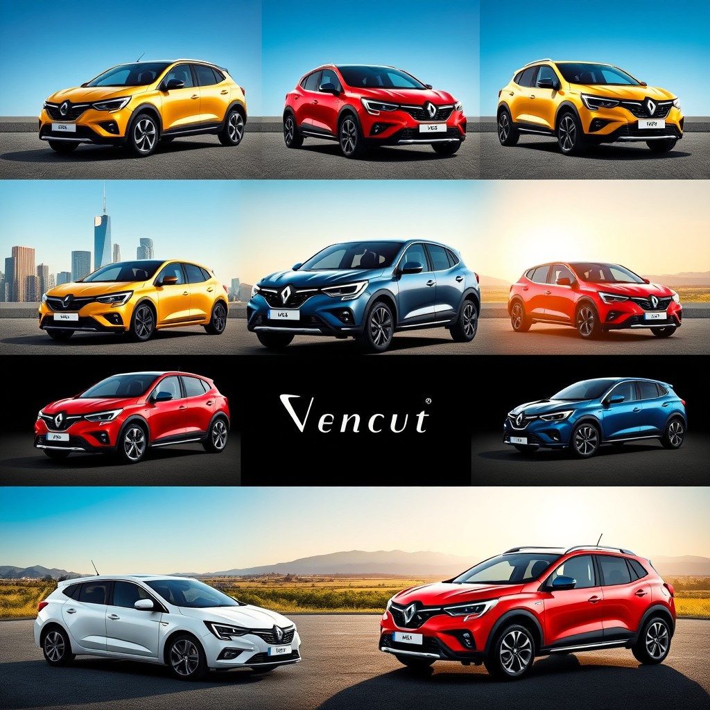 A visually striking marketing campaign image featuring all current Renault car models displayed in an elegant and dynamic composition