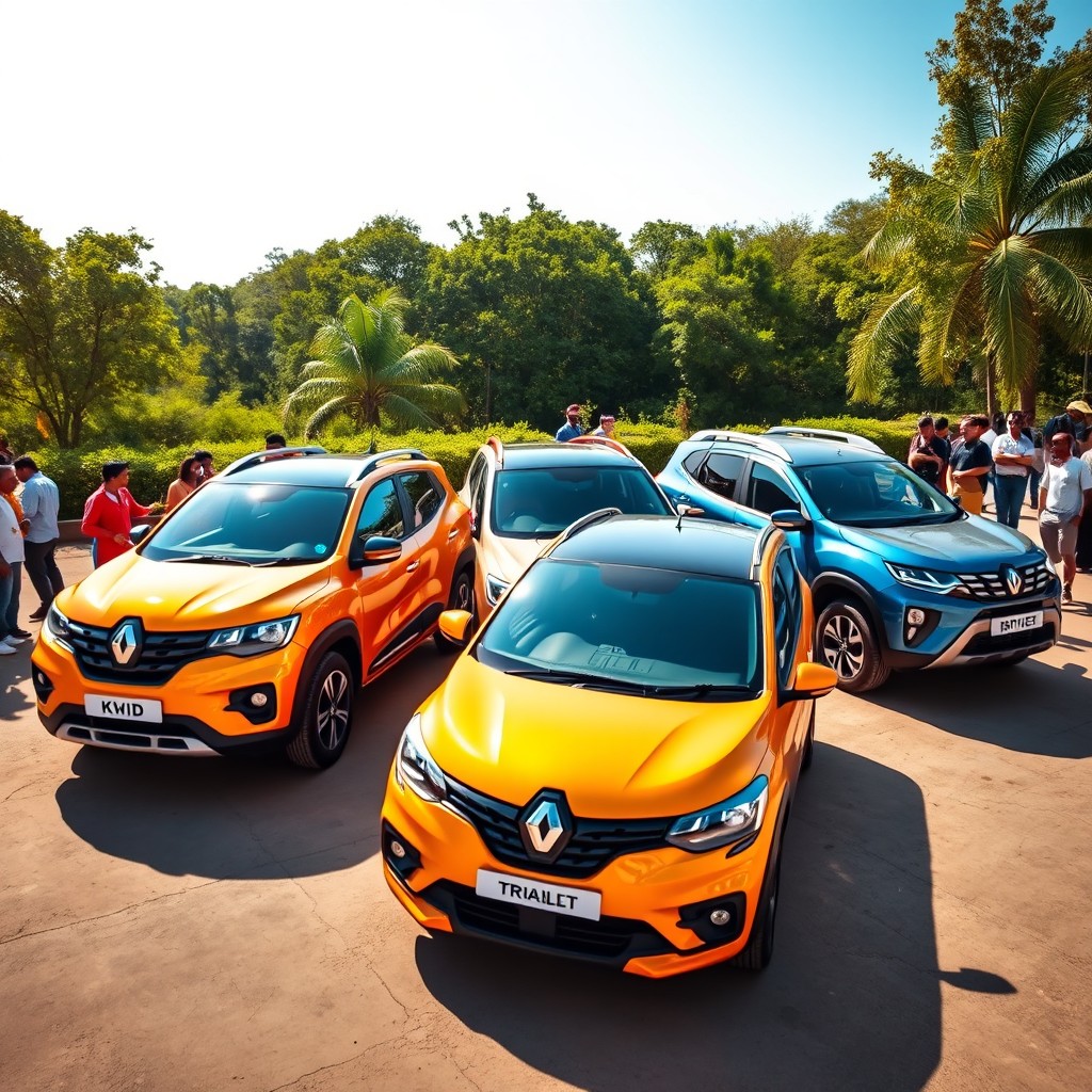A stunning line-up of Indian launched Renault models displayed in an outdoor setting, showcasing their sleek designs and vibrant colors