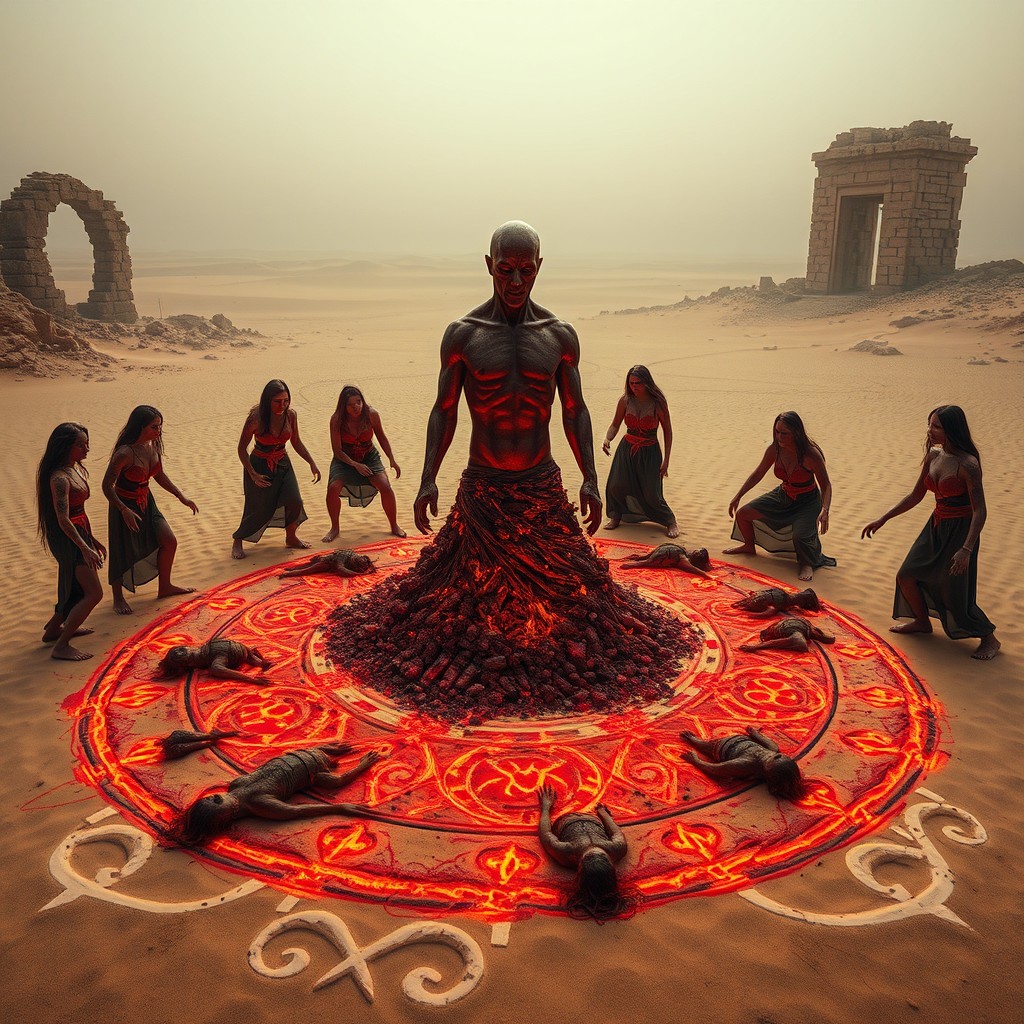 In a vast desert, beneath the crumbling ruins of a forgotten temple, a chilling scene unfolds featuring a magic circle intricately drawn in the sand with glowing ashes