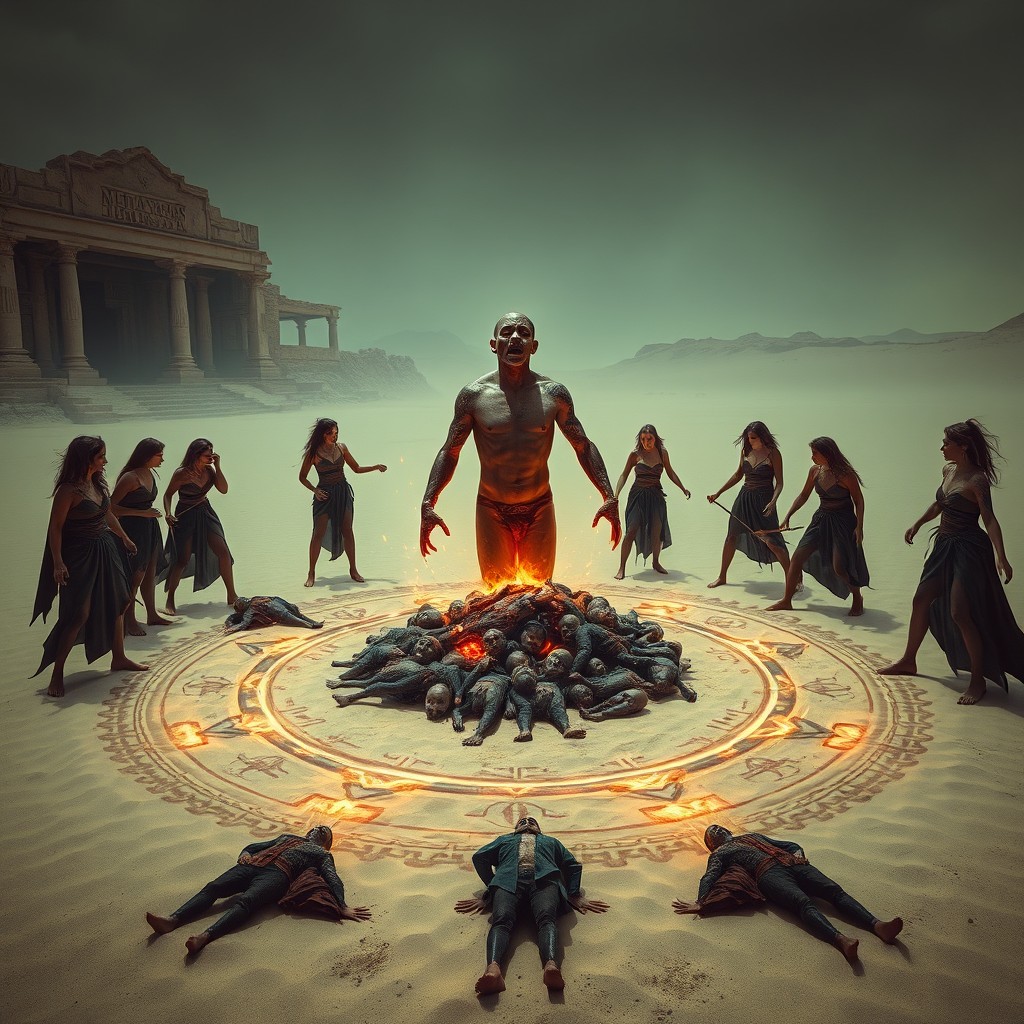 In a barren desert beneath the crumbling ruins of a forgotten temple, a sinister scene unfolds featuring a beautifully intricate magic circle drawn in the sand with glowing ashes