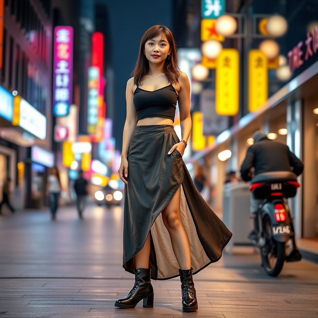 A young Chinese woman standing in an urban setting, wearing a stylish crop top that highlights her figure, a fashionable skirt that flows elegantly, and trendy boots that complete her outfit
