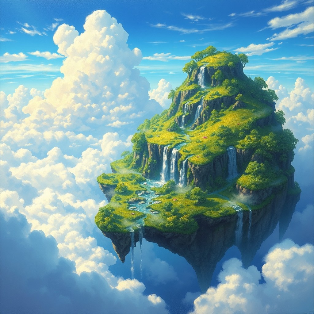 A breathtaking fantasy landscape painting depicting a floating island high in the sky