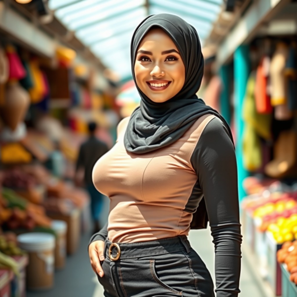 A beautiful woman wearing a hijab, with an attractive large bust and curvy hips, dressed in form-fitting clothing that accentuates her figure