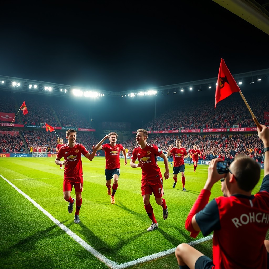 A vibrant scene capturing a dramatic moment in a Summer Premier League match where Manchester United triumphs over Bournemouth