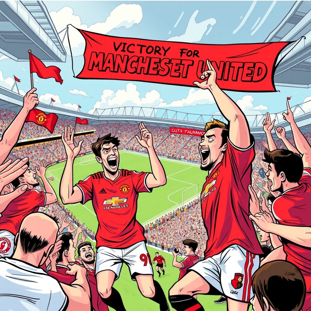 A comic-style illustration depicting a thrilling scene from a summer Premier League match where Manchester United triumphs over Bournemouth