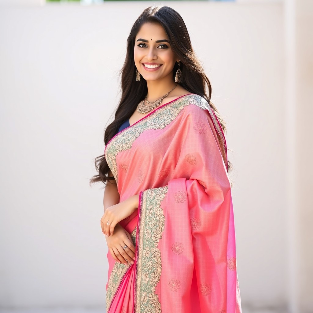 A stunning model wearing a beautifully designed saree, showcasing intricate embroidery and vibrant colors, gracefully draping the fabric in a traditional manner