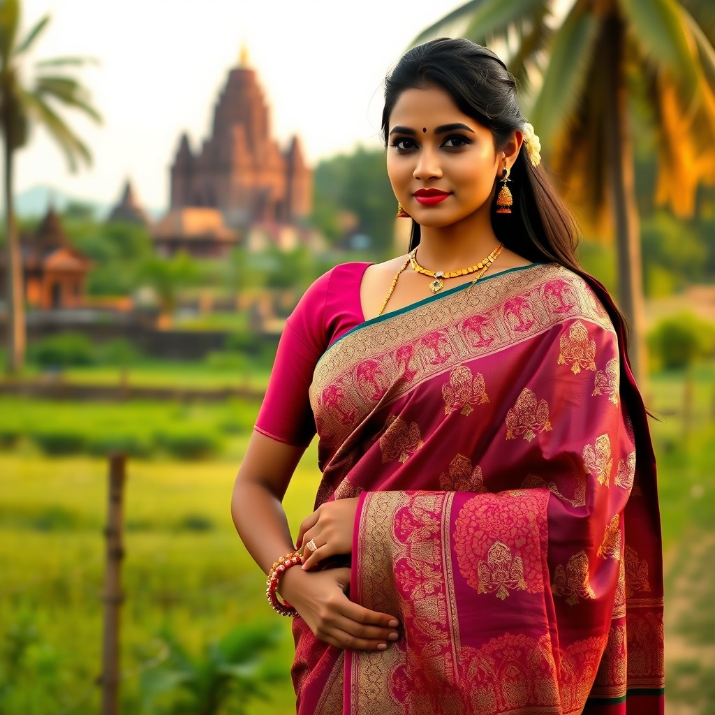 A beautiful model wearing a traditional Tamil Nadu saree, elegantly draped, showcasing intricate designs and vibrant colors