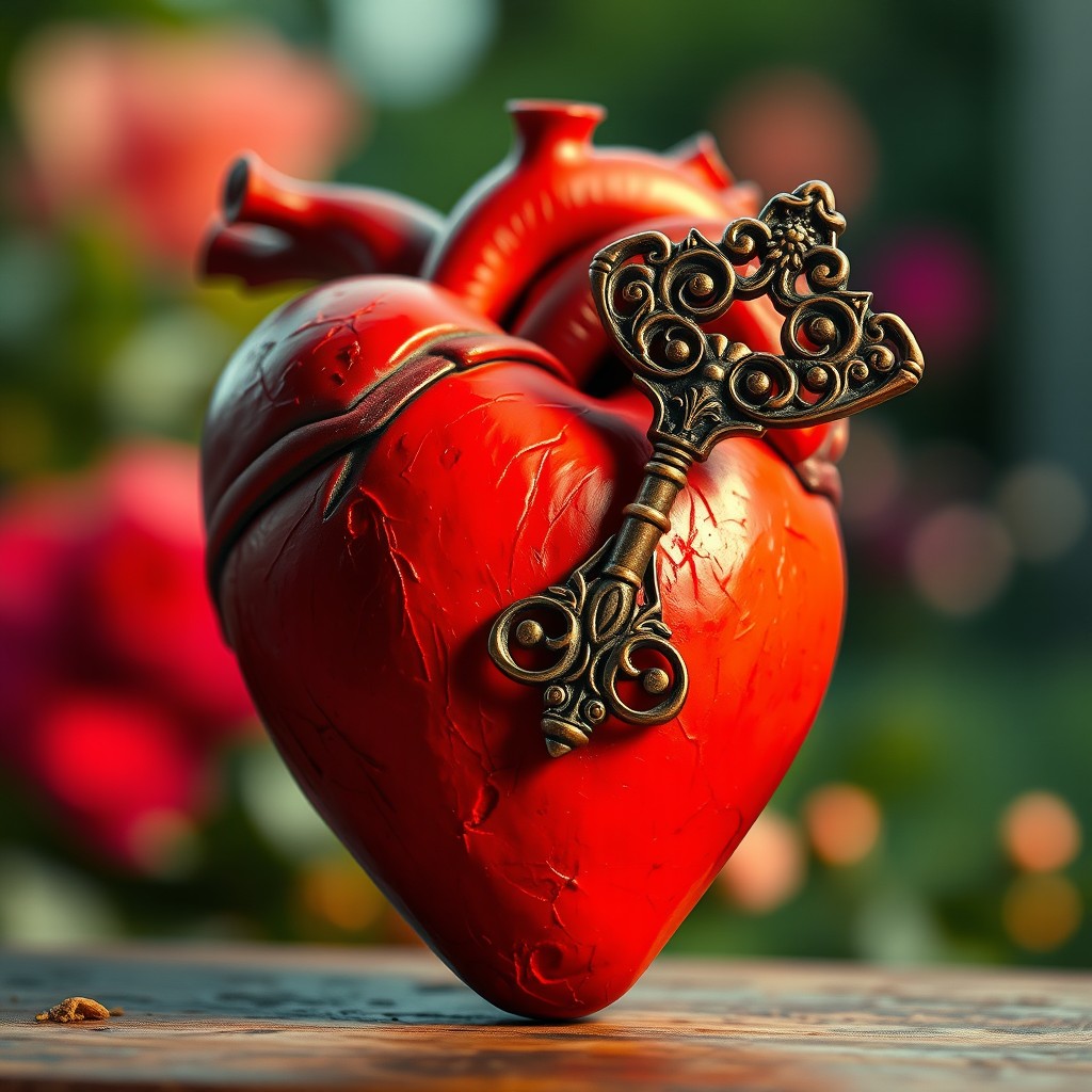 A visually captivating scene of a heart with a vintage key inserted into it, symbolizing love, connection, and vulnerability