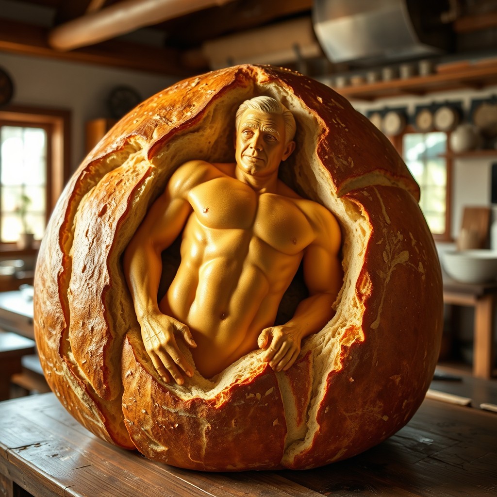A large, intricately carved loaf of bread featuring a detailed figure of a man emerging from one side
