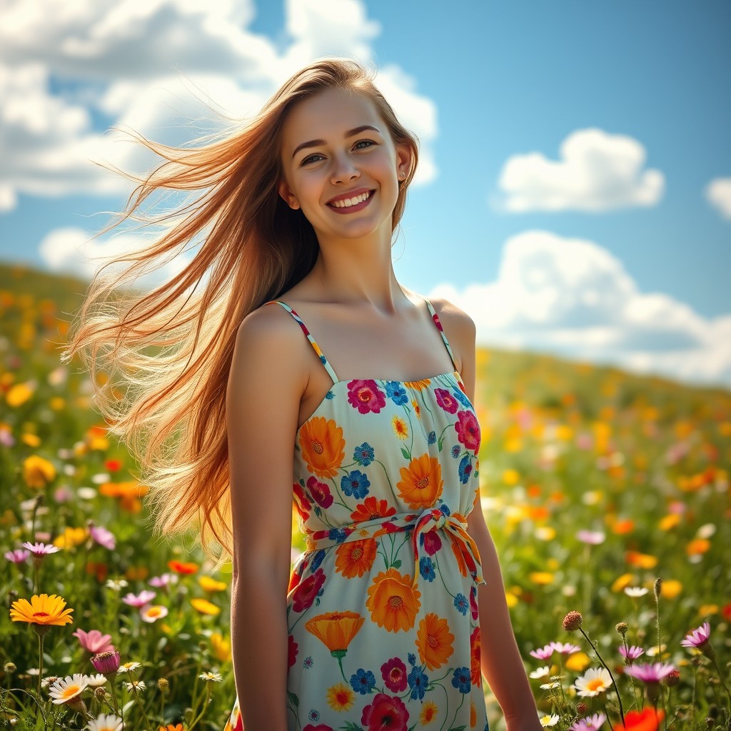 A beautiful young woman with long flowing hair, wearing a vibrant summer dress, standing in a sunlit meadow adorned with colorful wildflowers