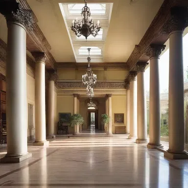 The grand mansion features big-boned columns and a solid, imposing structure.