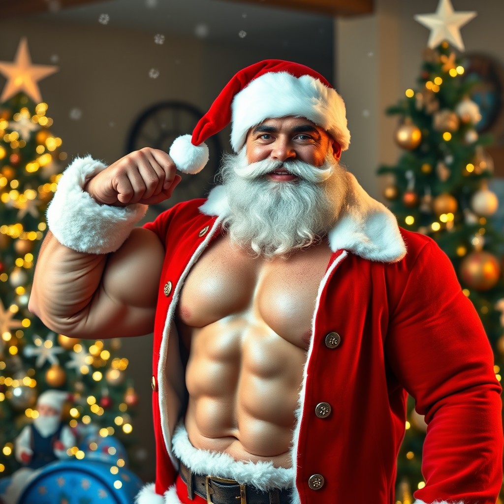 A hot, muscular Santa Claus with a well-defined physique, wearing a Santa hat and a classic red jacket that's unbuttoned to reveal a chiseled chest and abs