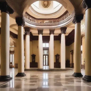 The grand mansion features big-boned columns and a solid, imposing structure.