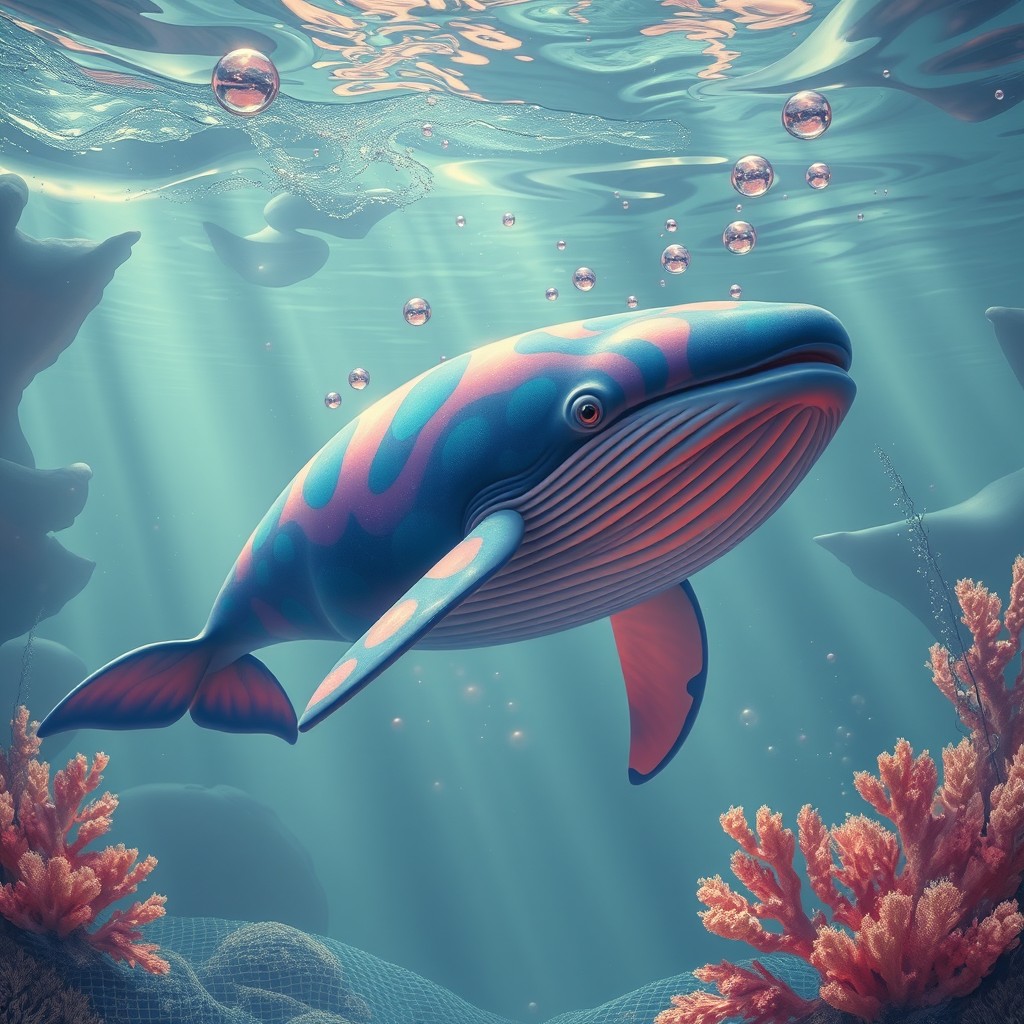 A surreal, melancholic scene featuring a large whale with vibrant acid colors, representing sadness
