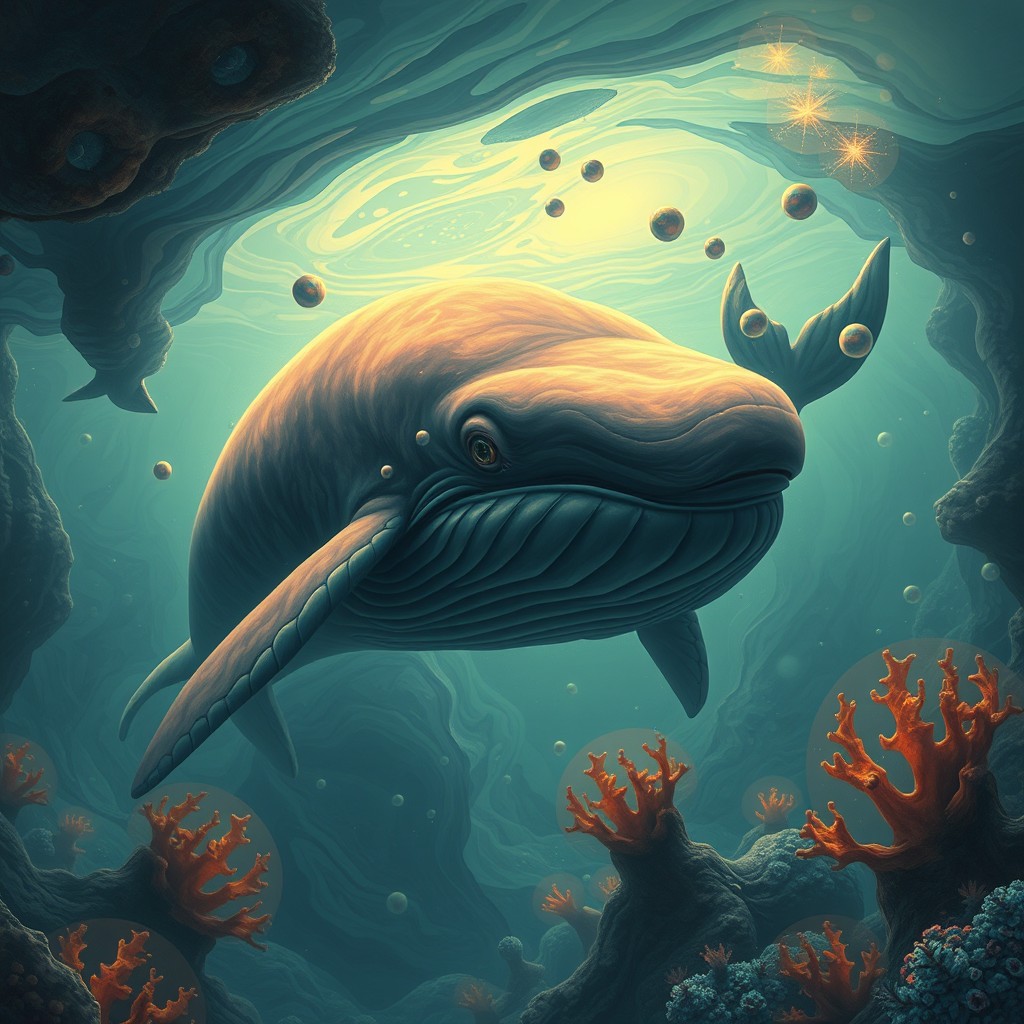A surreal scene depicting a large, melancholic whale in vibrant, acidic colors, symbolizing sadness