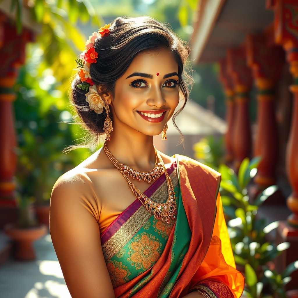An exquisite Indian woman exuding grace and beauty, dressed in a traditional colorful saree with intricate patterns