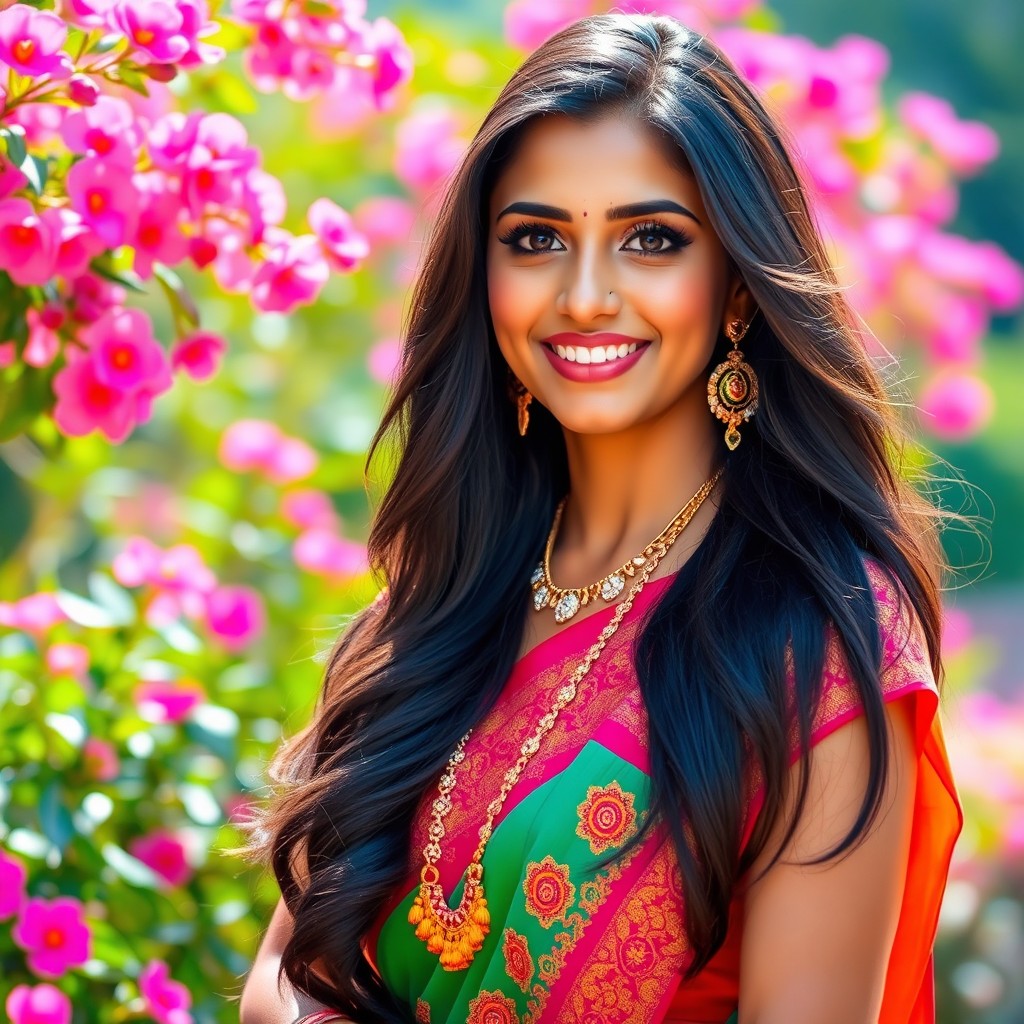 An exquisite Indian beauty with long, flowing black hair and stunning features, wearing a traditional colorful saree adorned with intricate embroidery