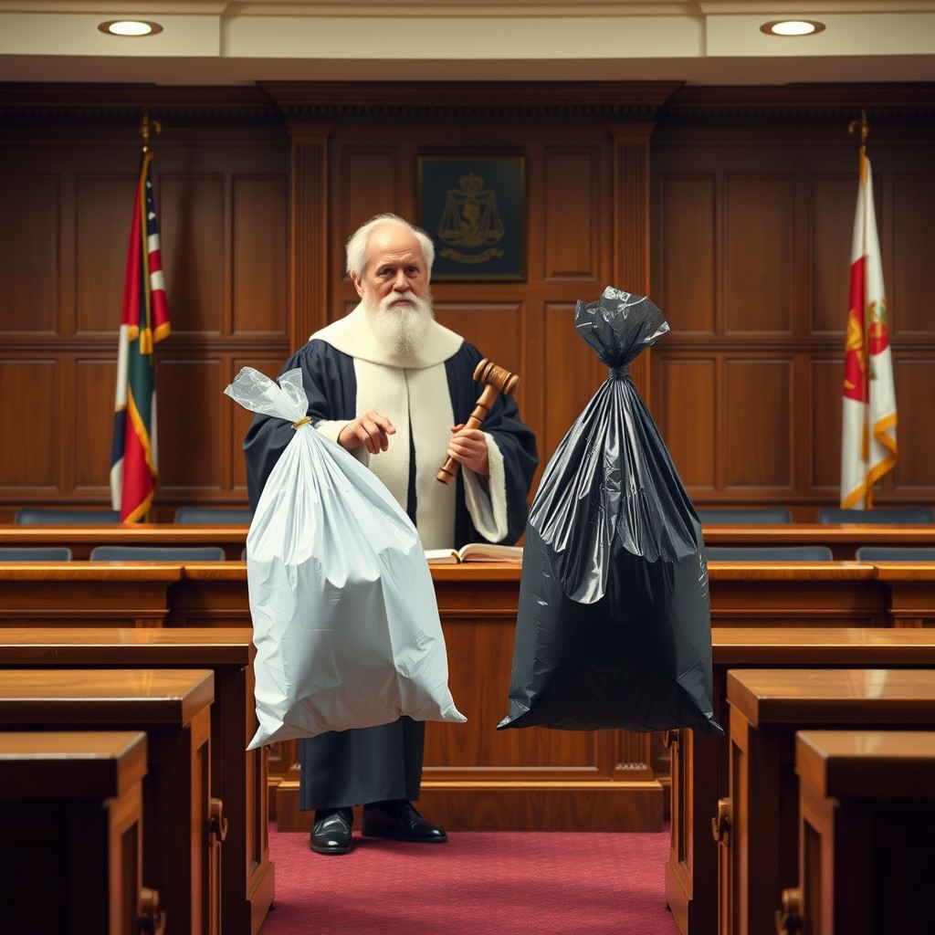 A whimsical courtroom scene where a judge in traditional robes is declaring a divorce