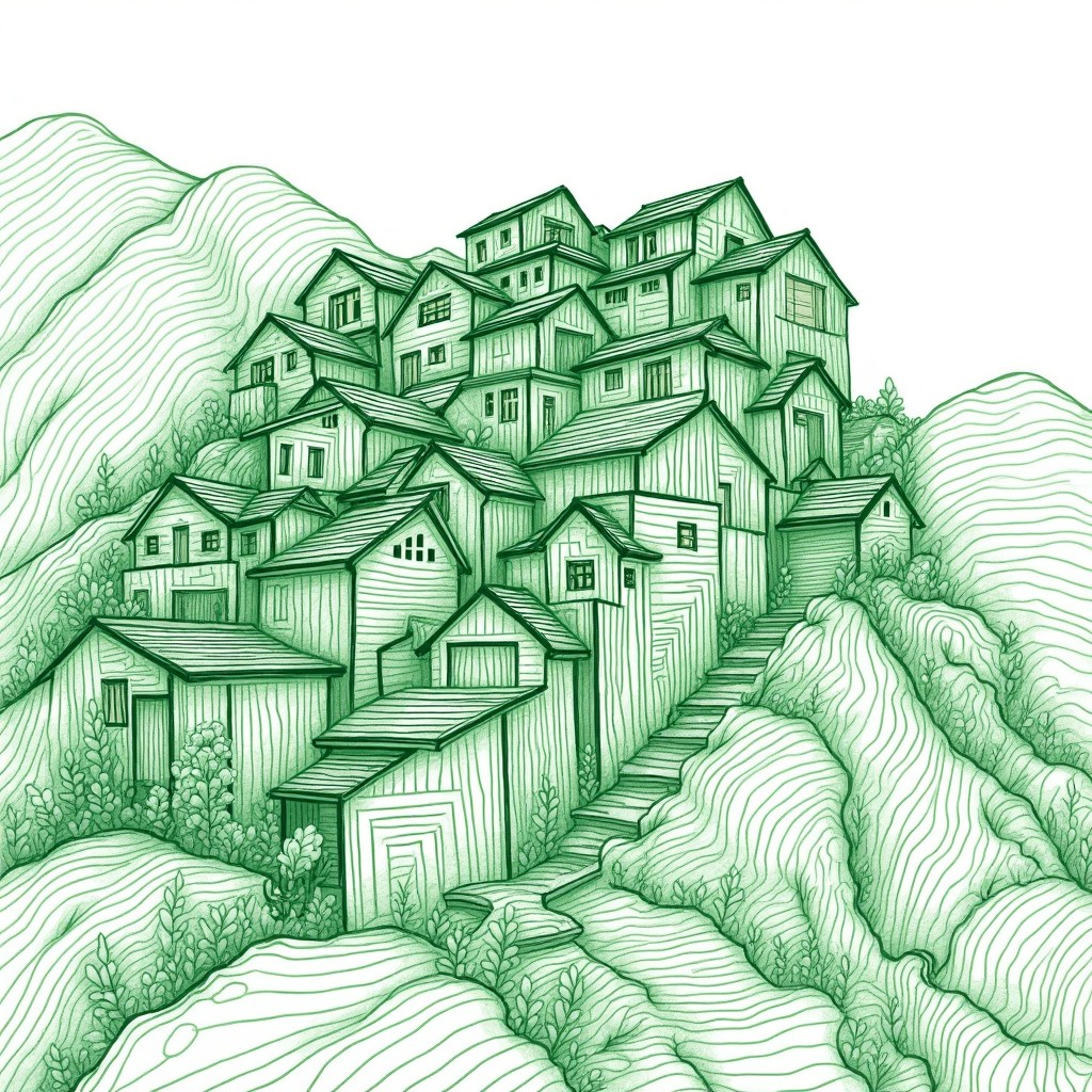 A detailed line art topographical pen drawing of a hillside landscape featuring a series of colorful houses stacked artistically