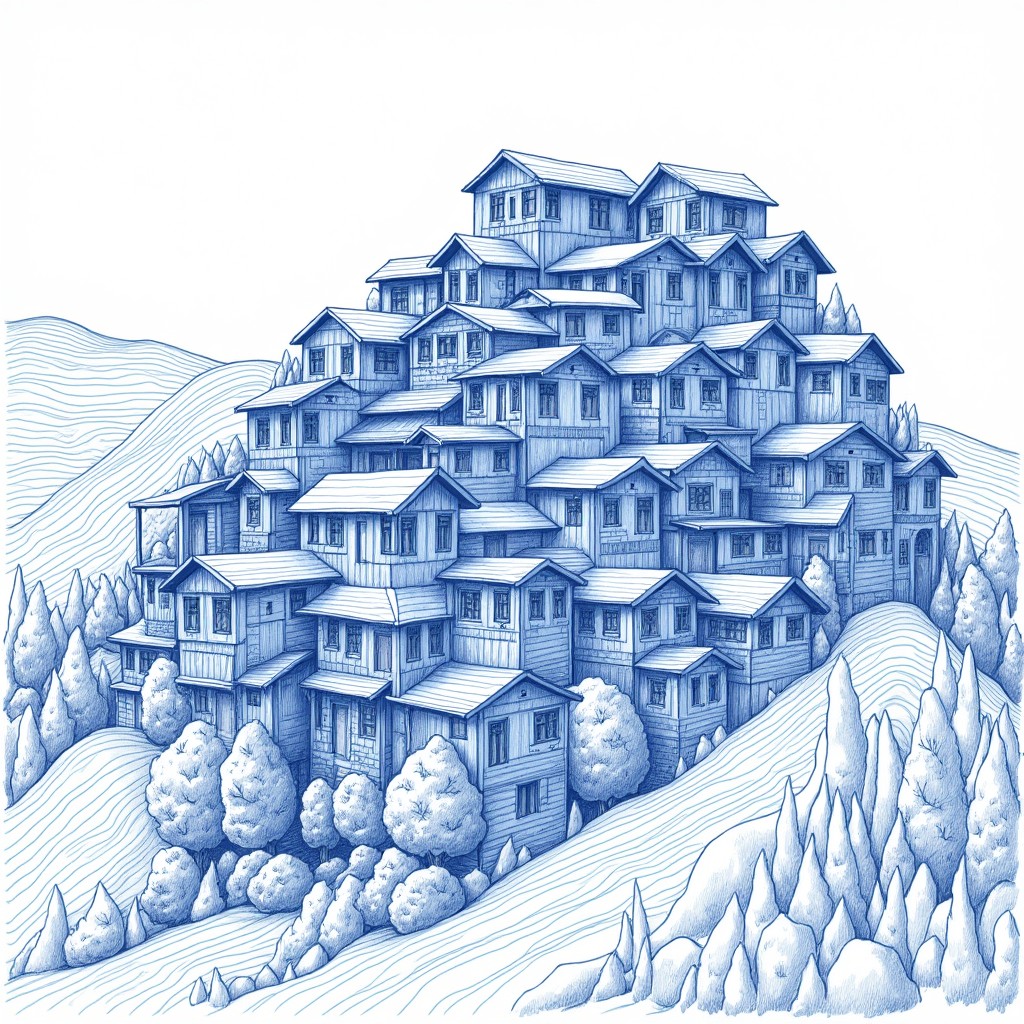 A detailed line art topographical pen drawing of a hillside landscape featuring a series of colorful houses stacked artistically