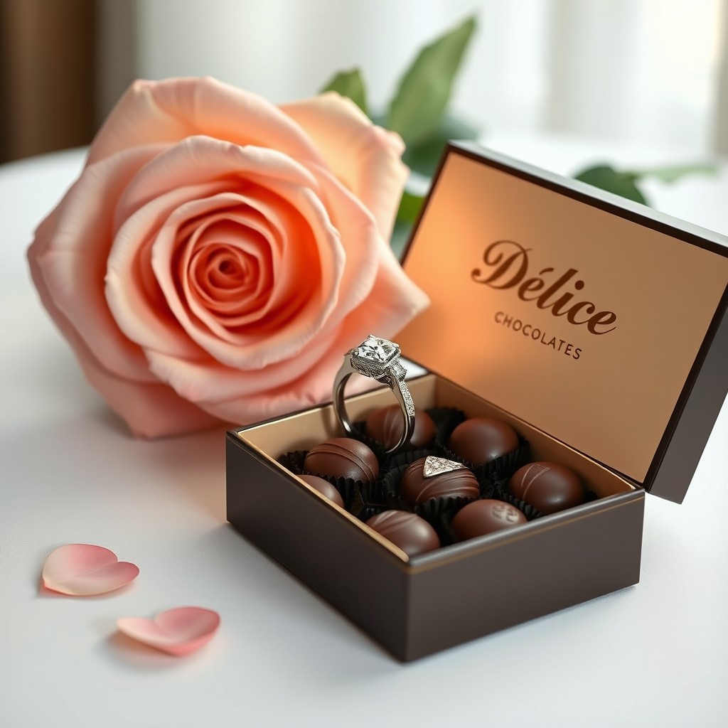 A beautiful engagement ring elegantly placed on a table, accompanied by a stunning champagne rose and an exquisite box of chocolates labeled 'Délice'