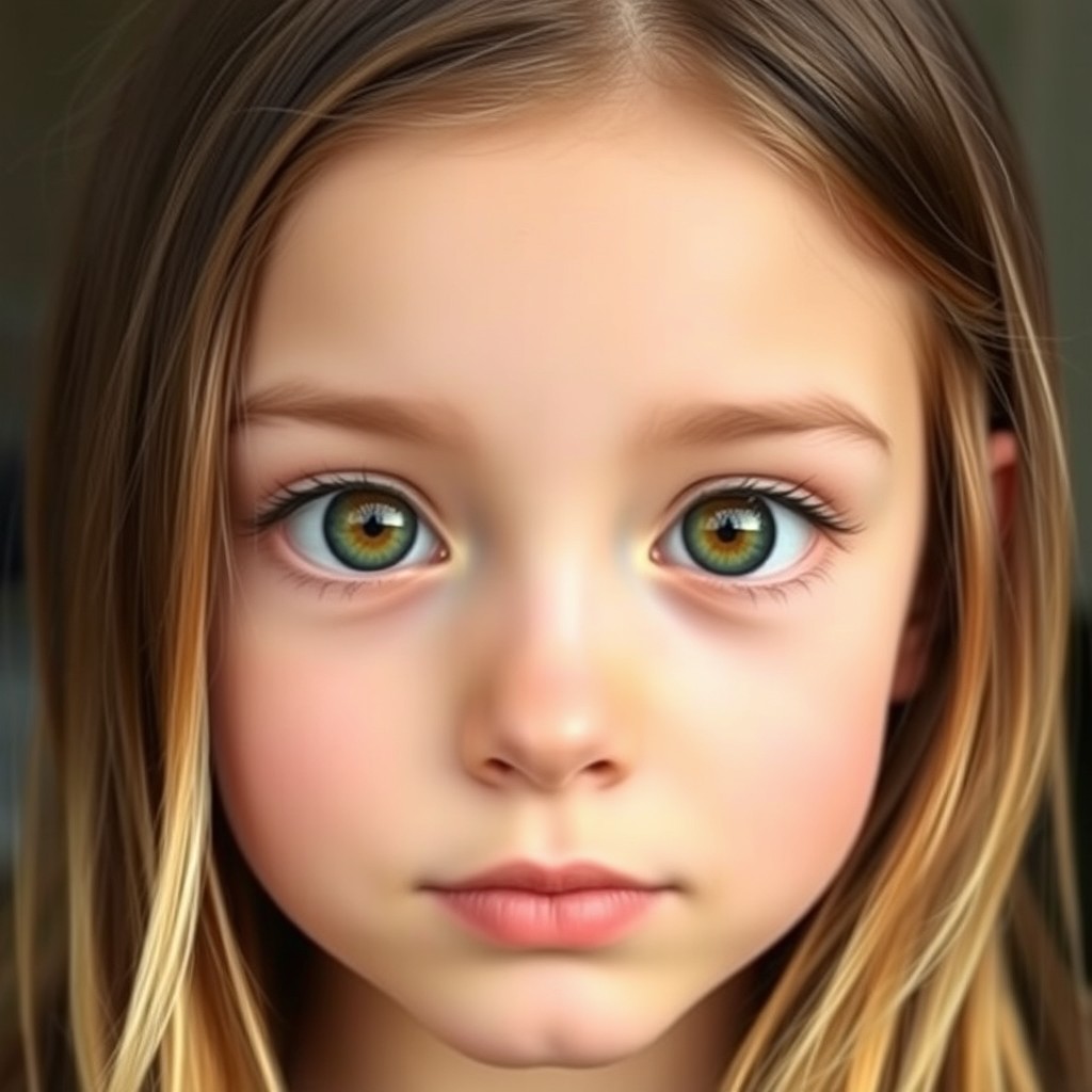 A portrait of a girl with large brown eyes, centered with fast green hues and rounded dark brown circles