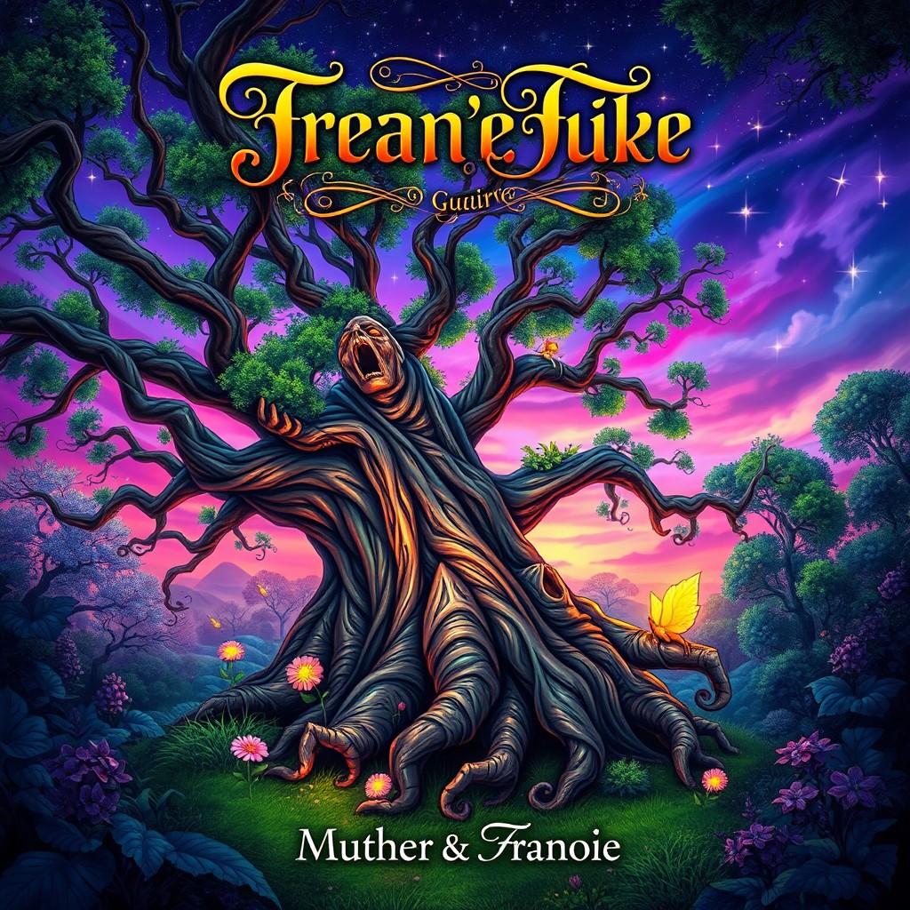 A captivating book cover design featuring an enchanting forest scene with vibrant colors