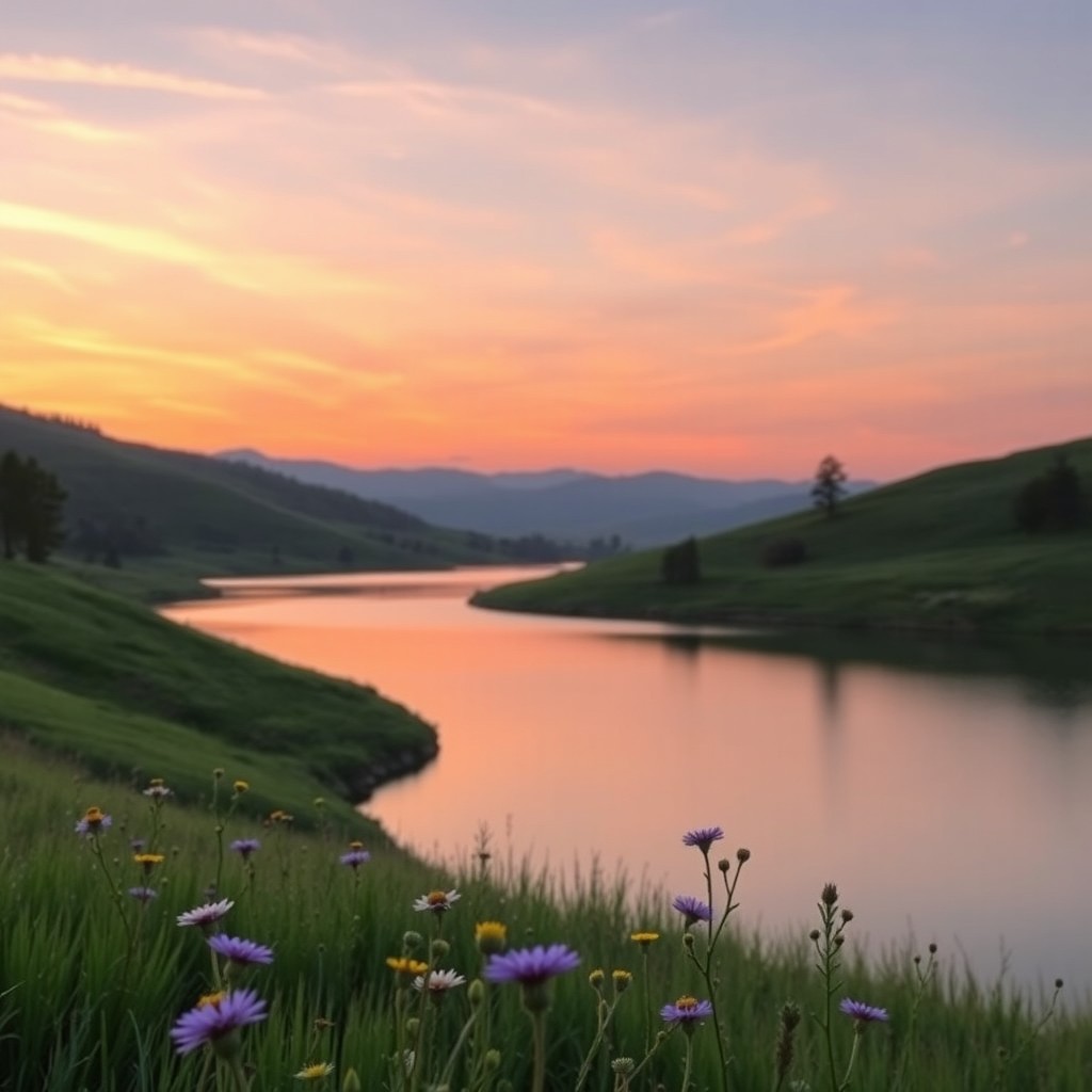 A beautifully serene landscape at dusk, featuring a calm lake reflecting the pastel colors of the sunset