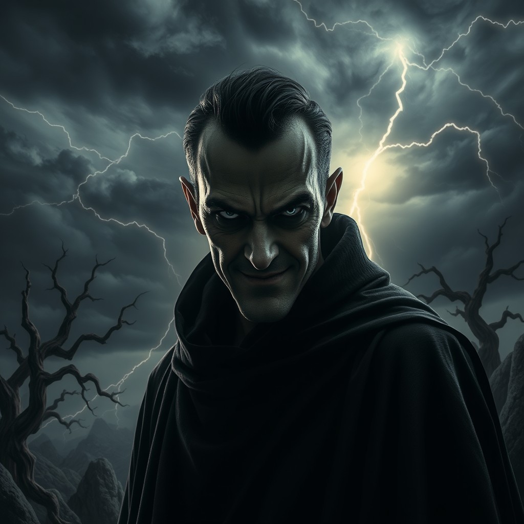An evil looking man with all black eyes, wearing a dark cloak, stands menacingly in an ominous background filled with swirling dark clouds and distant flashes of lightning