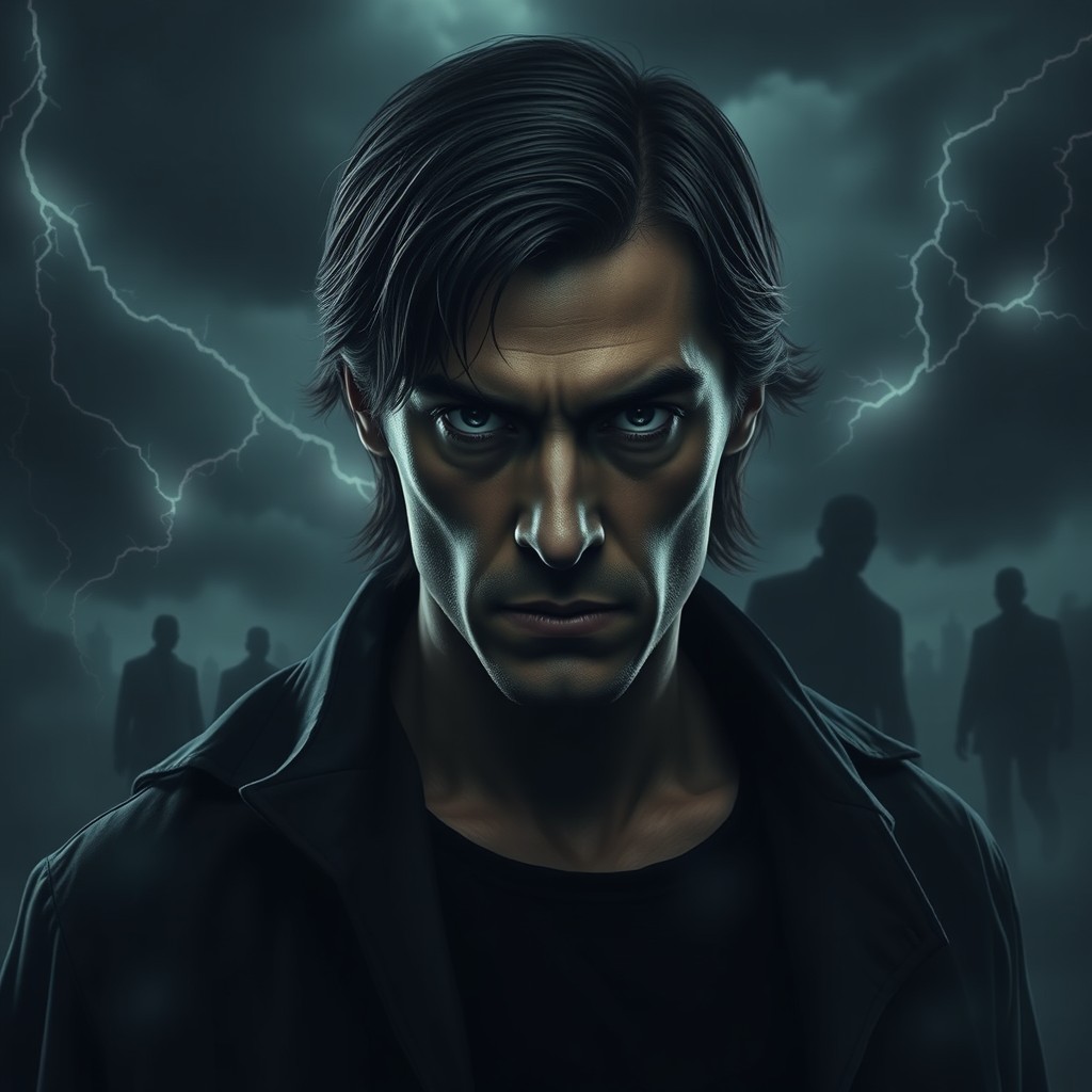 An evil looking man in his thirties with shoulder-length dark hair and striking all-black eyes, devoid of irises, stands against an ominous background filled with dark, swirling clouds and faint, shadowy figures lurking in the mist