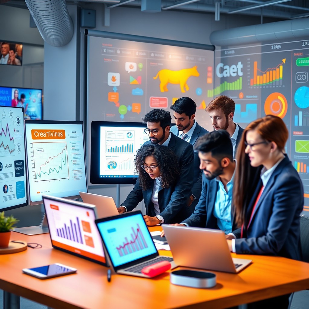 A vibrant and engaging digital marketing concept featuring diverse professionals collaborating in a modern office space