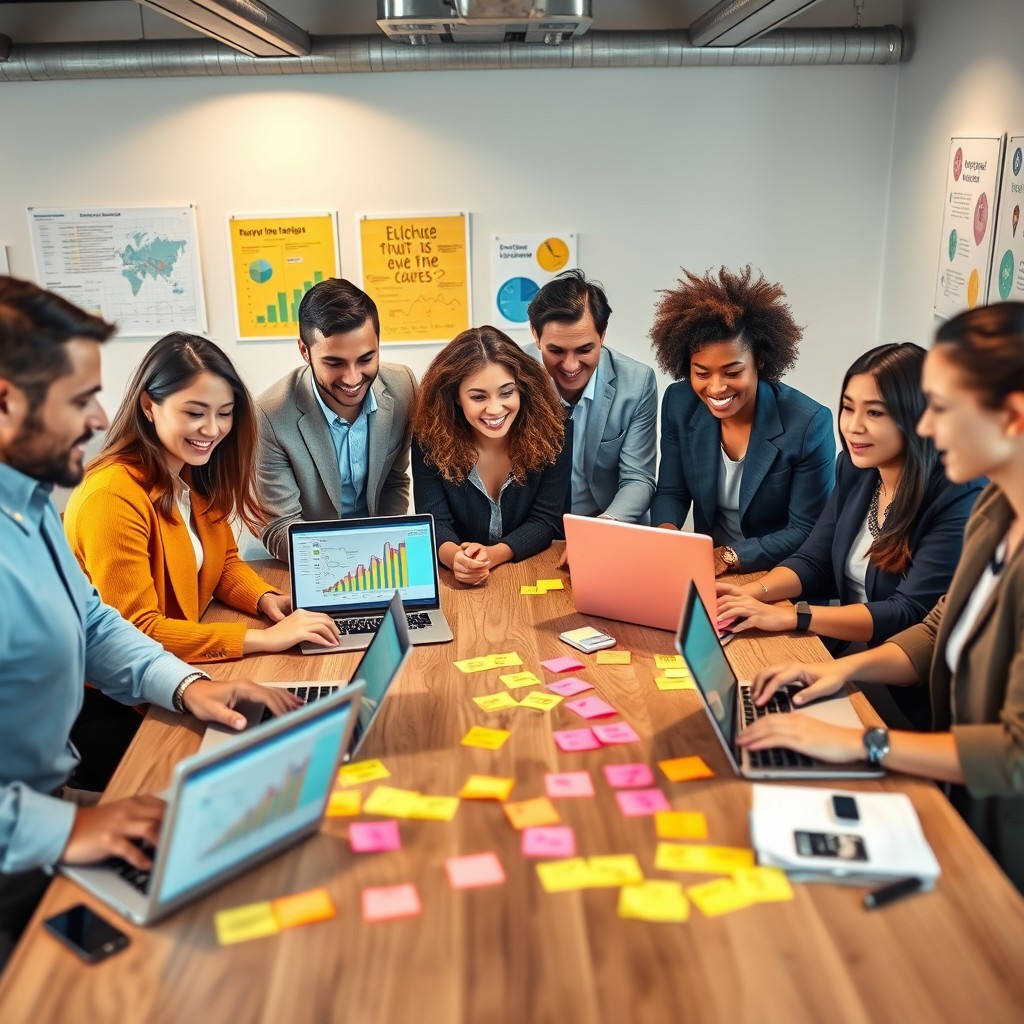 A modern and dynamic scene depicting digital marketing in action, showcasing a diverse group of professionals collaborating around a large table
