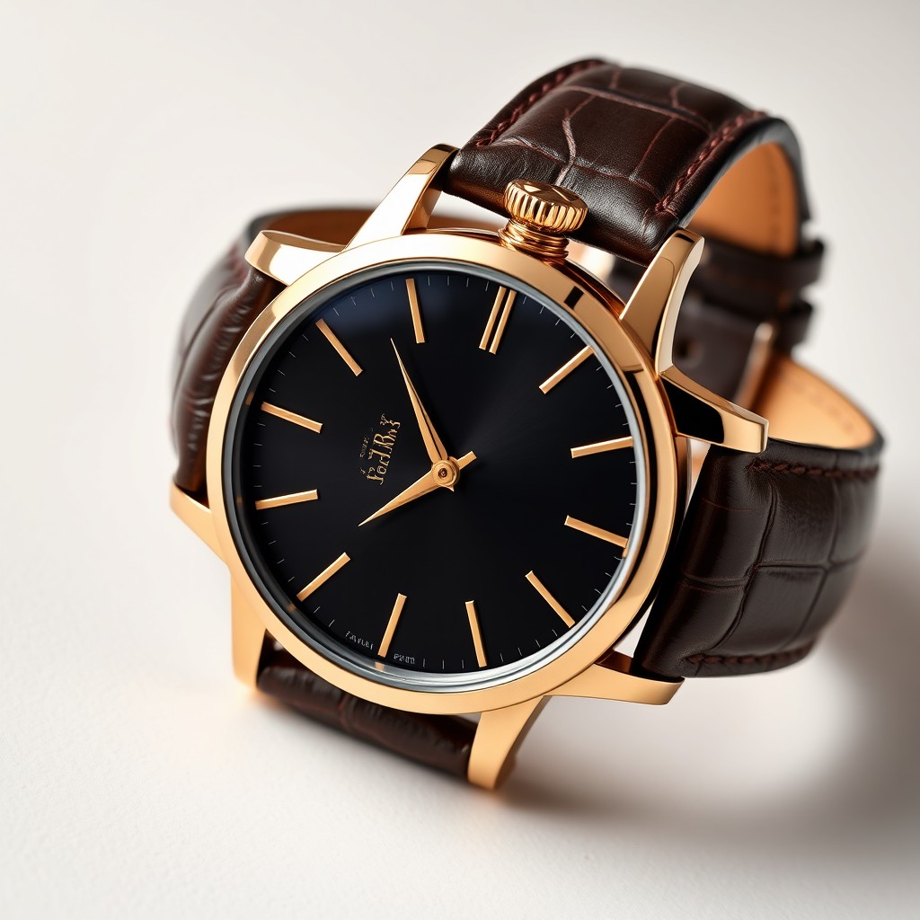 A luxurious wristwatch featuring a sleek black dial with elegant gold hour and minute hands