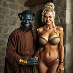 In a medieval room, depicting an evil, malnourished woman with very dark skin, around 30 years old, of short stature