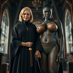 Inside a medieval room, a gaunt 40-year-old blonde woman stands short with medium-length blonde hair, wearing a thick golden bracelet