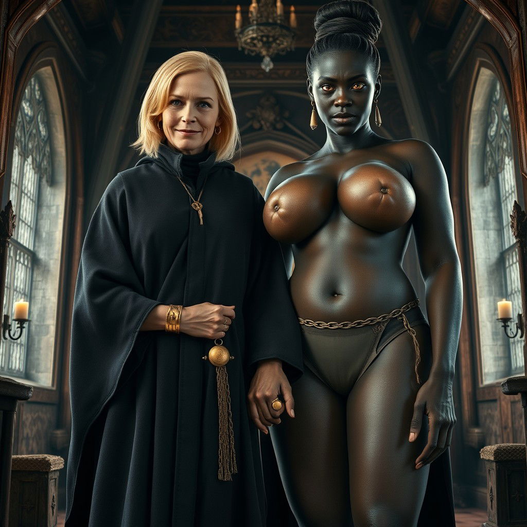 Inside a medieval room, a gaunt 40-year-old blonde woman stands short with medium-length blonde hair, wearing a thick golden bracelet