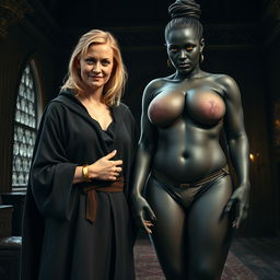 Inside a medieval room, a gaunt 40-year-old blonde woman stands short with medium-length blonde hair, wearing a thick golden bracelet