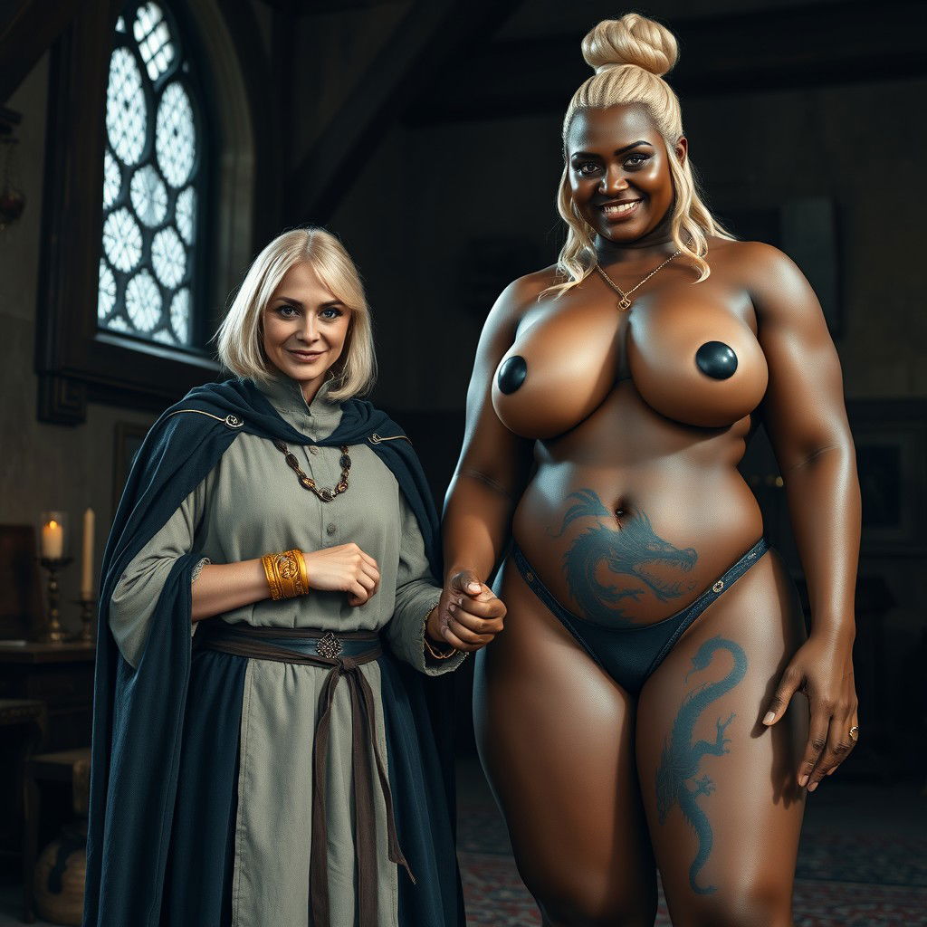 Inside a medieval room, a gaunt 45-year-old blonde woman stands short with medium-length blonde hair